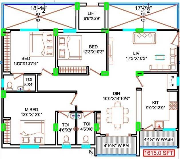 Floor plan of 3 BHK 1615 Sq. Ft. Apartment in Green Space Fortune, Hyderabad