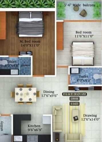 Floor plan of 2 BHK 1165 Sq. Ft. Apartment in Green Space Tulasi, Hyderabad