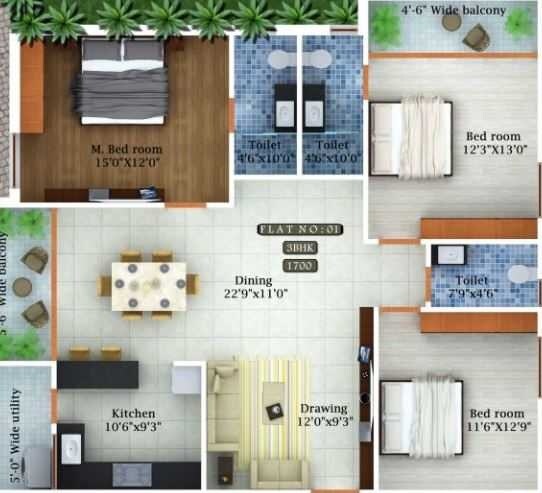 Floor plan of 3 BHK 1700 Sq. Ft. Apartment in Green Space Tulasi, Hyderabad