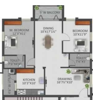 Floor plan of 2 BHK 1290 Sq. Ft. Apartment in Greenmark Galaxy, Hyderabad