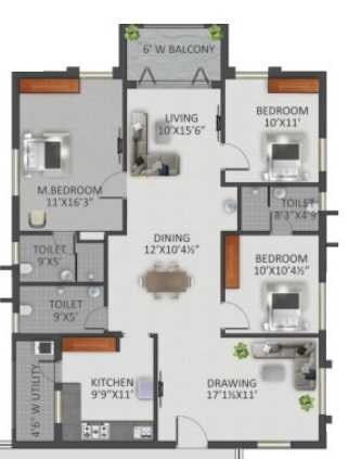 Floor plan of 3 BHK 1360 Sq. Ft. Apartment in Greenmark Galaxy, Hyderabad