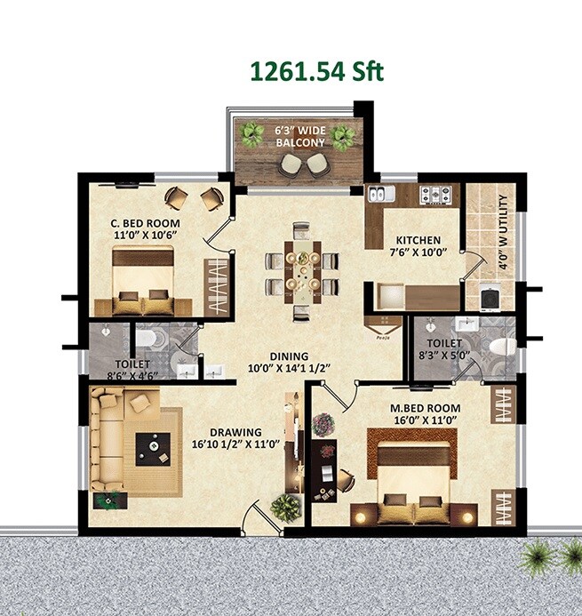 Floor plan of 2 BHK 1261 Sq. Ft. Apartment in Greenmark Mayfair Apartments, Hyderabad