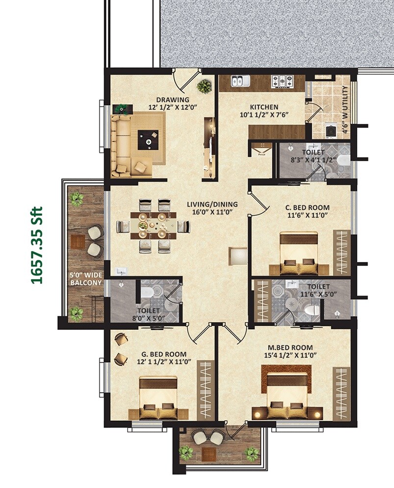 Floor plan of 3 BHK 1657 Sq. Ft. Apartment in Greenmark Mayfair Apartments, Hyderabad