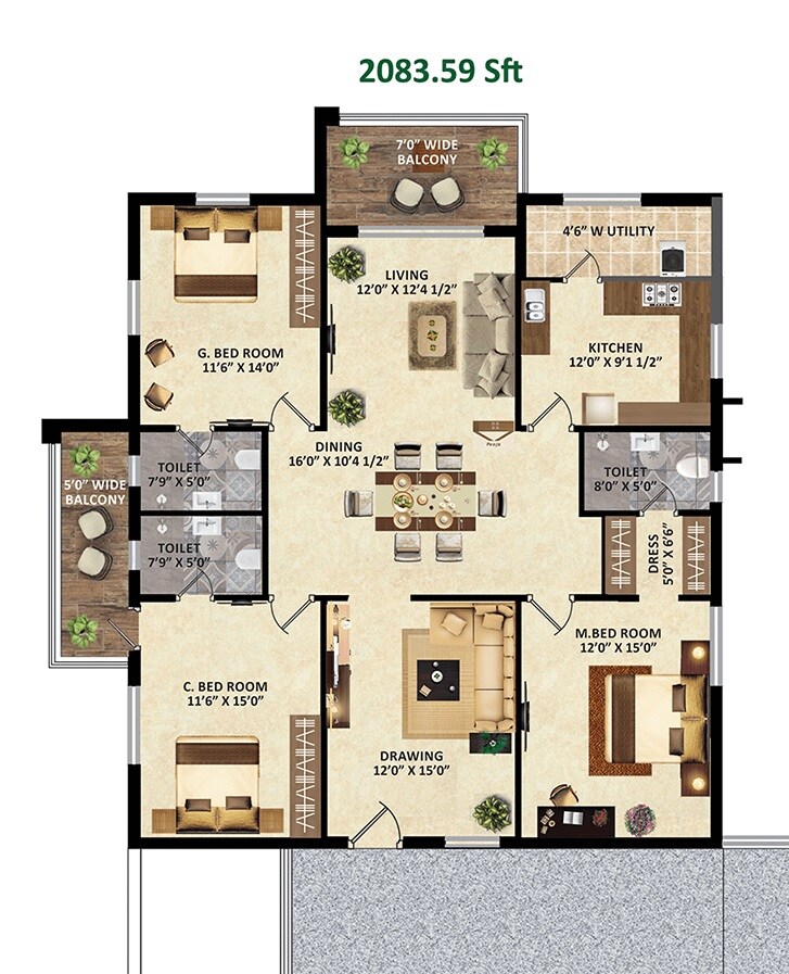 Floor plan of 3 BHK 2083 Sq. Ft. Apartment in Greenmark Mayfair Apartments, Hyderabad