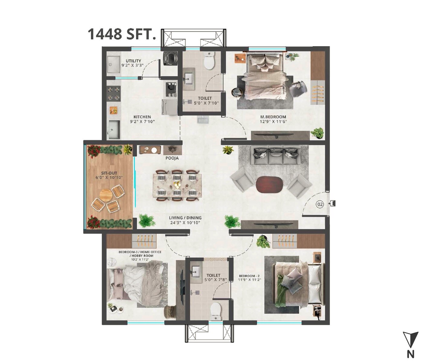 Floor plan of 2 BHK 1448 Sq. Ft. Apartment in Greenmark Mayfair Gateway, Hyderabad