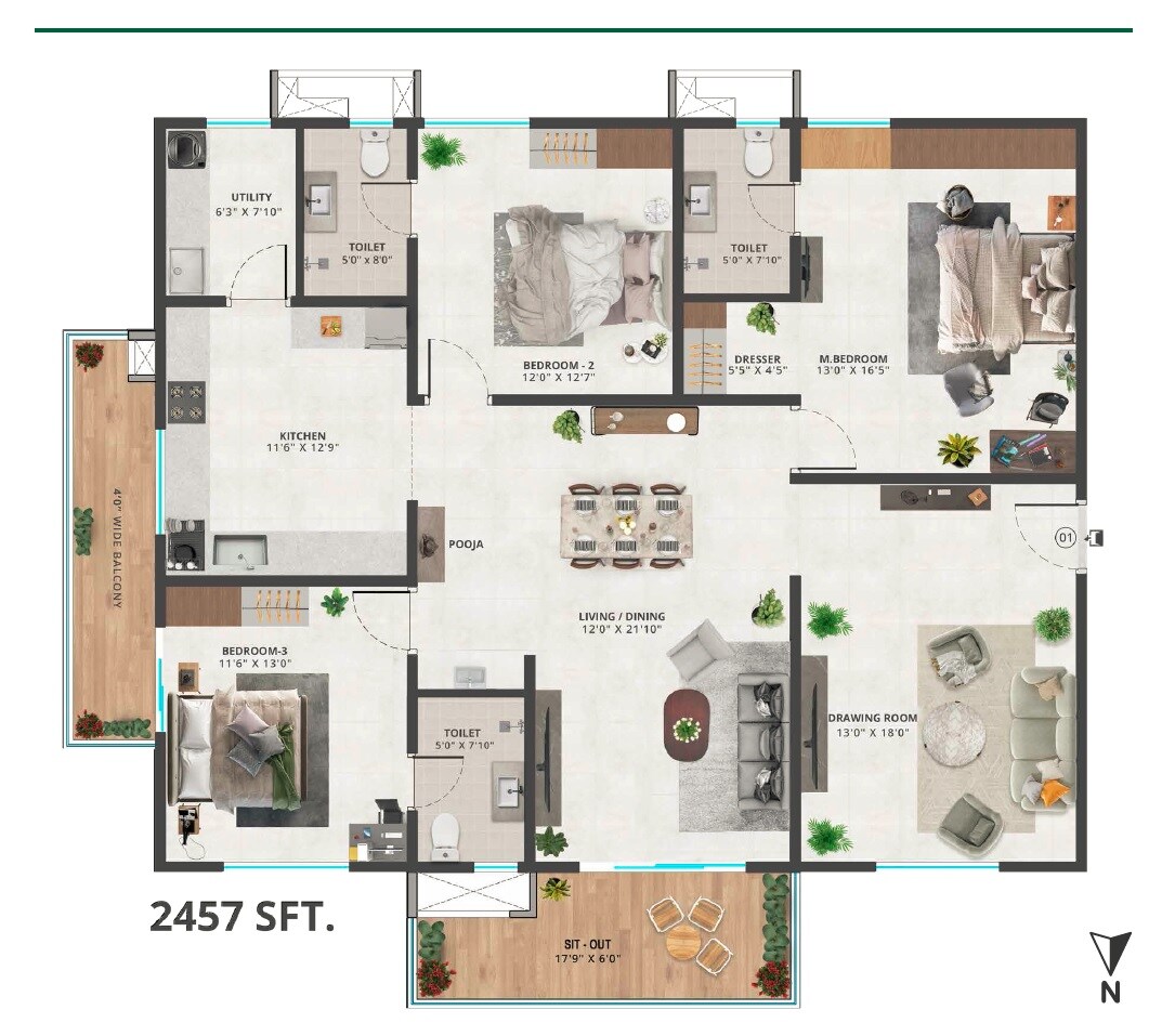 3 BHK 2457 Sq. Ft. Apartment