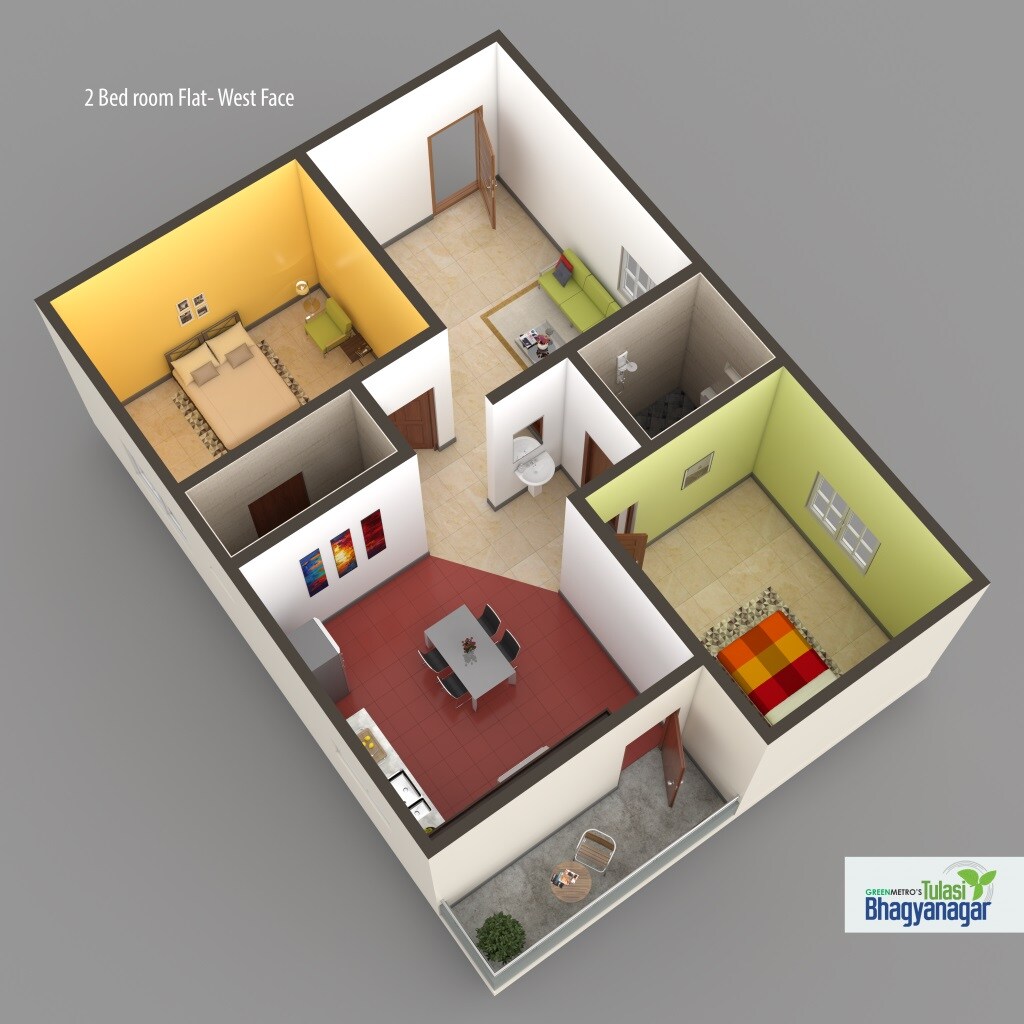Floor plan of 2 BHK 975 Sq. Ft. Apartment in Greenmetro Tulasi Bhagyanagar, Hyderabad