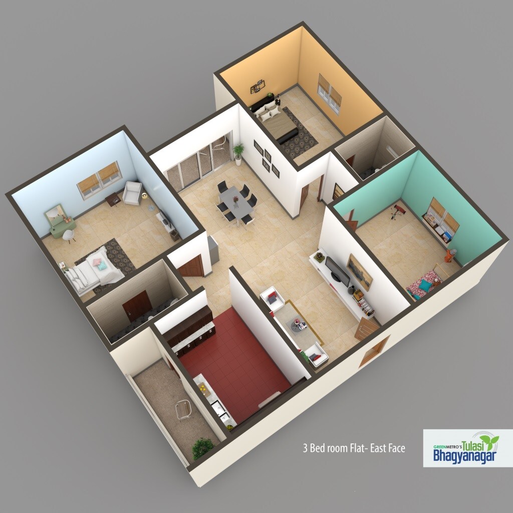 Floor plan of 3 BHK 1520 Sq. Ft. Apartment in Greenmetro Tulasi Bhagyanagar, Hyderabad