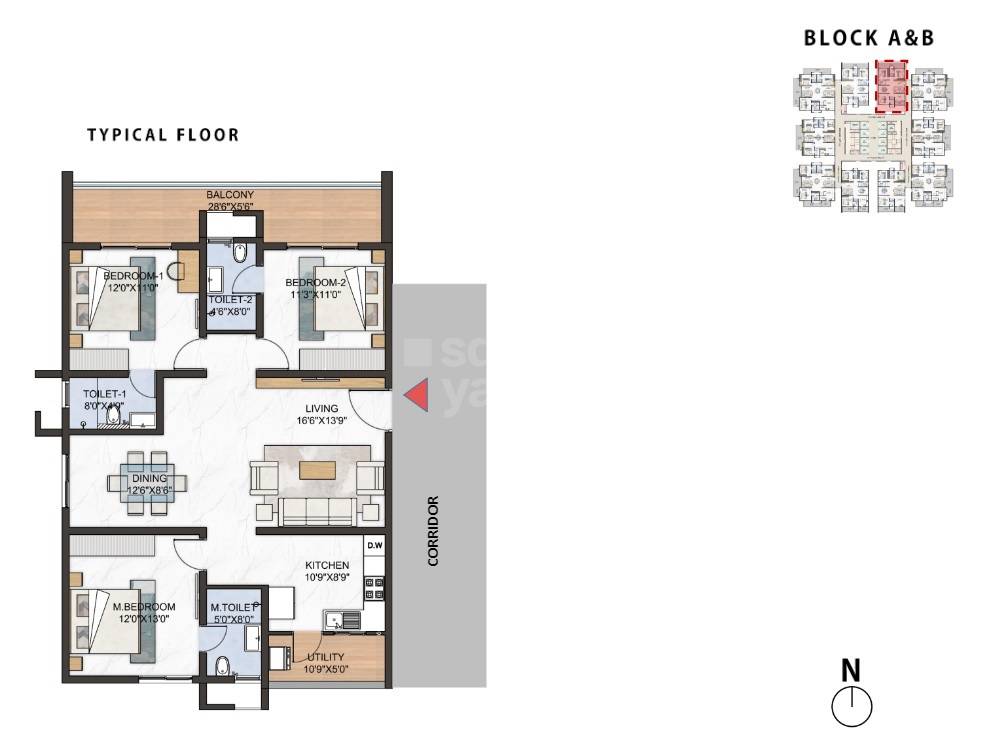 Floor plan of 3 BHK 1600 Sq. Ft. Apartment in Greenspace Marvel, Hyderabad