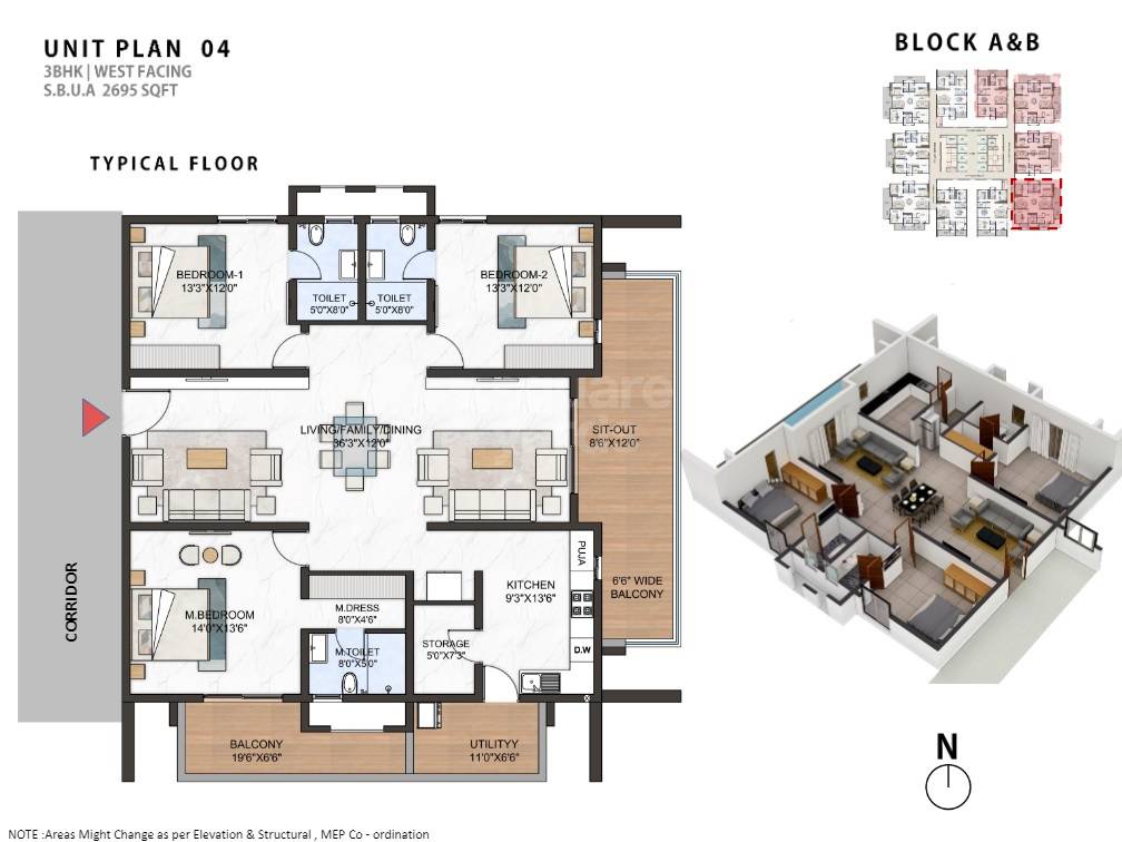 Floor plan of 3 BHK 2695 Sq. Ft. Apartment in Greenspace Marvel, Hyderabad