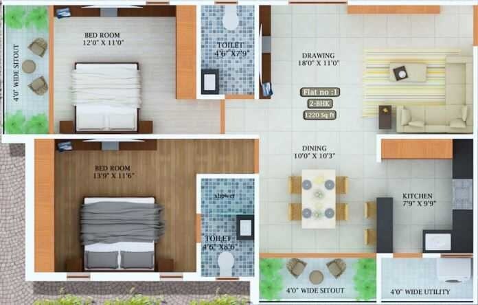 Floor plan of 2 BHK 1220 Sq. Ft. Apartment in Greenspace Prime C, Hyderabad