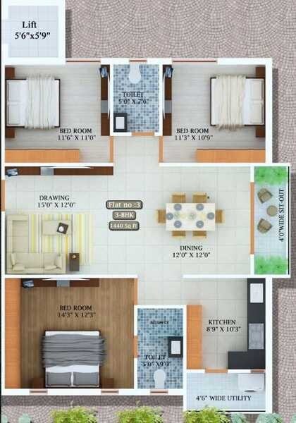 Floor plan of 2 BHK 1440 Sq. Ft. Apartment in Greenspace Prime C, Hyderabad