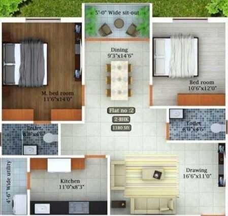 Floor plan of 2 BHK 1180 Sq. Ft. Apartment in Greenspace Prime D, Hyderabad