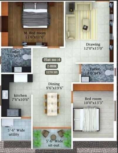 Floor plan of 2 BHK 1270 Sq. Ft. Apartment in Greenspace Prime D, Hyderabad