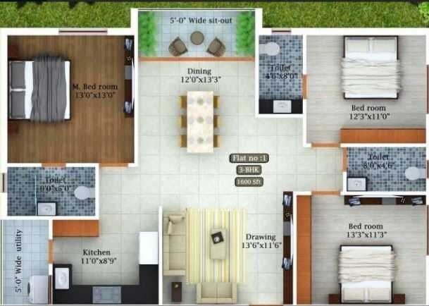 Floor plan of 3 BHK 1600 Sq. Ft. Apartment in Greenspace Prime D, Hyderabad
