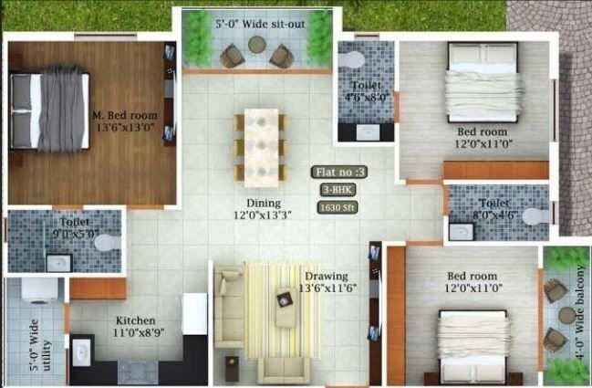 Floor plan of 3 BHK 1630 Sq. Ft. Apartment in Greenspace Prime D, Hyderabad