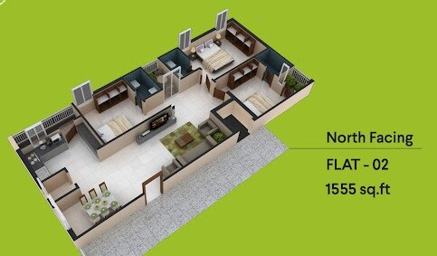 Floor plan of 3 BHK 1555 Sq. Ft. Apartment in Grishneshwar Spasthala, Hyderabad