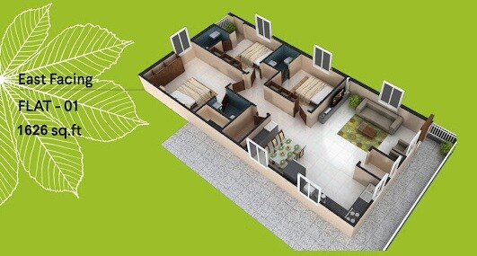 Floor plan of 3 BHK 1626 Sq. Ft. Apartment in Grishneshwar Spasthala, Hyderabad