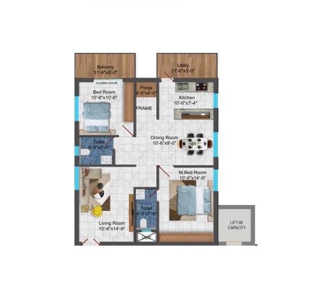 Floor plan of 2 BHK 1050 Sq. Ft. Apartment in Gruhitha Lavender Sky, Hyderabad