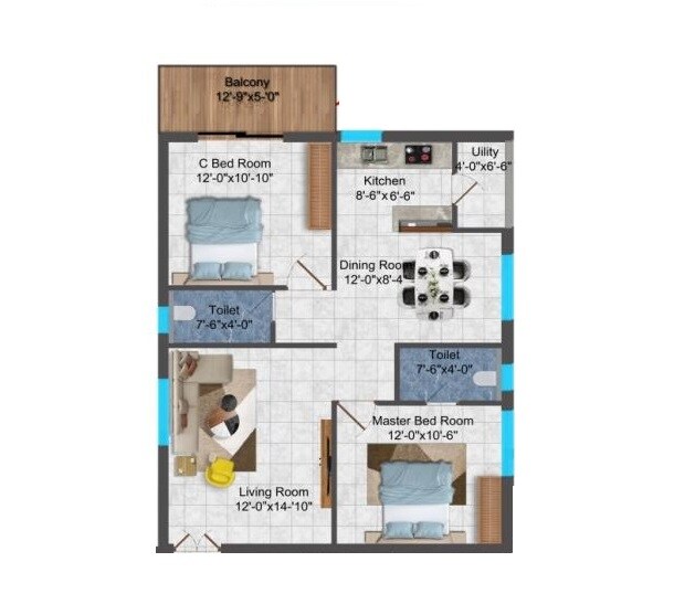 Floor plan of 2 BHK 1400 Sq. Ft. Apartment in Gruhitha Lavender Sky, Hyderabad
