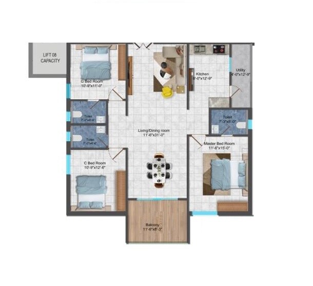 Floor plan of 3 BHK 1450 Sq. Ft. Apartment in Gruhitha Lavender Sky, Hyderabad