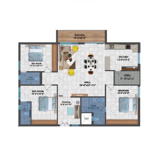 Floor plan of 3 BHK 2000 Sq. Ft. Apartment in Gruhitha Lavender Sky, Hyderabad
