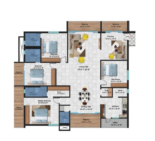 Floor plan of 4 BHK 2400 Sq. Ft. Apartment in Gruhitha Lavender Sky, Hyderabad
