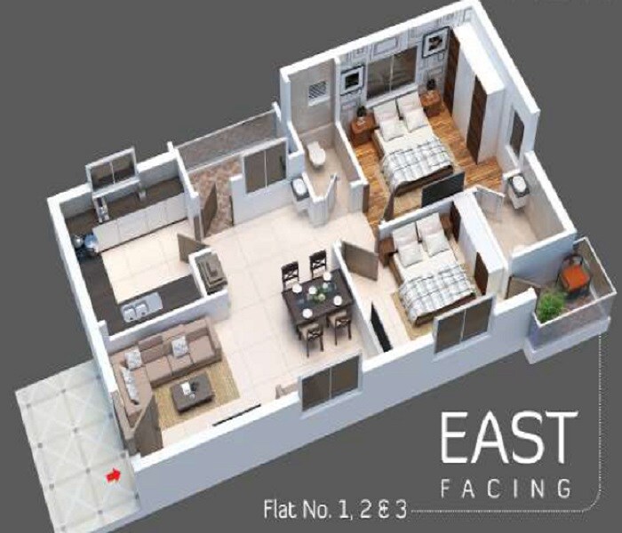 Floor plan of 2 BHK 1050 Sq. Ft. Apartment in Grupe C S Vintage Heights, Hyderabad
