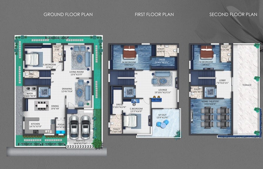 Floor plan of 4 BHK 3933 Sq. Ft. Villa in Grupe Tranquil Emerald, Hyderabad