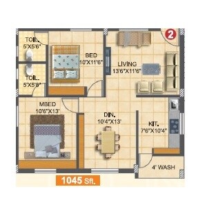 Floor plan of 2 BHK 1045 Sq. Ft. Apartment in GS Infra Setty Yellow Meadows, Hyderabad