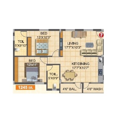 Floor plan of 2 BHK 1245 Sq. Ft. Apartment in GS Infra Setty Yellow Meadows, Hyderabad