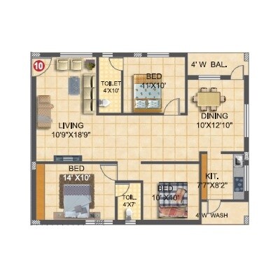 Floor plan of 3 BHK 1500 Sq. Ft. Apartment in GS Infra Setty Yellow Meadows, Hyderabad