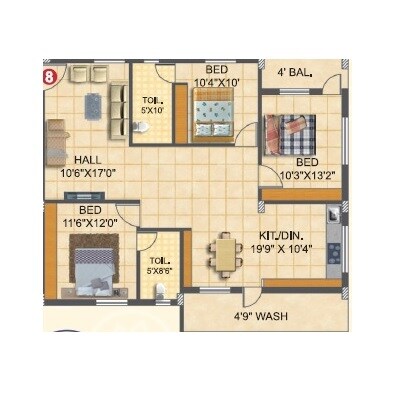 Floor plan of 3 BHK 1610 Sq. Ft. Apartment in GS Infra Setty Yellow Meadows, Hyderabad