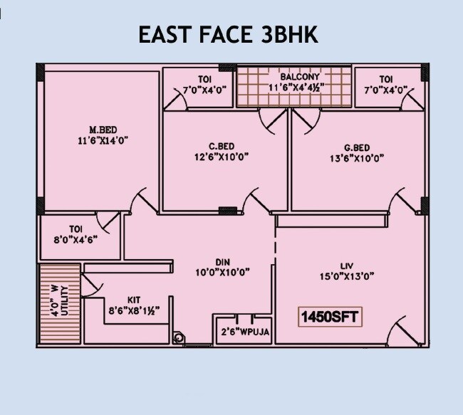Floor plan of 3 BHK 1450 Sq. Ft. Apartment in Gupta Signature, Hyderabad
