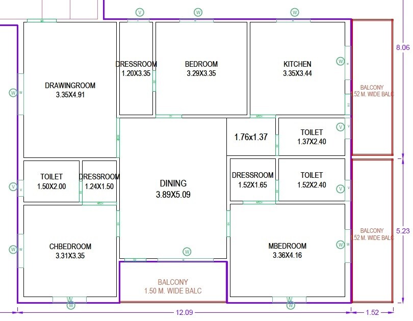 Floor plan of 3 BHK 2235 Sq. Ft. Apartment in Habitat Ira, Hyderabad