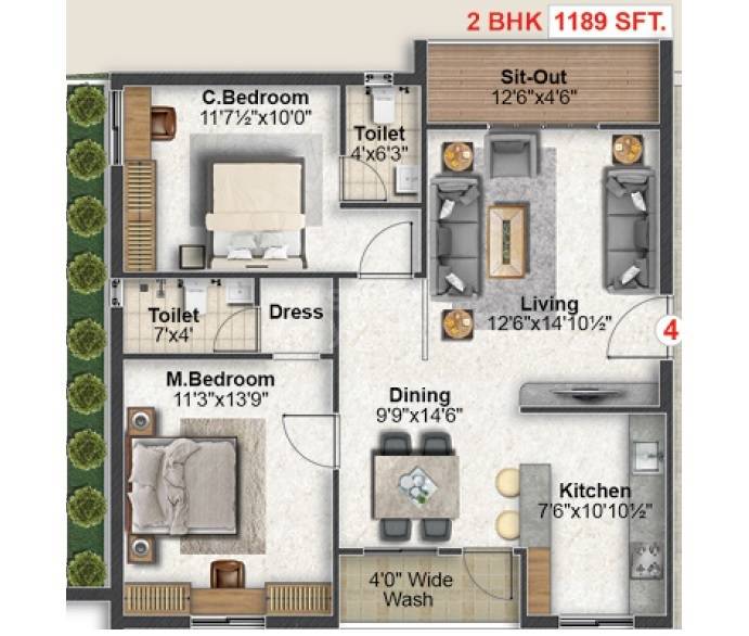 Floor plan of 2 BHK 1189 Sq. Ft. Apartment in Haimi Nirvana, Hyderabad