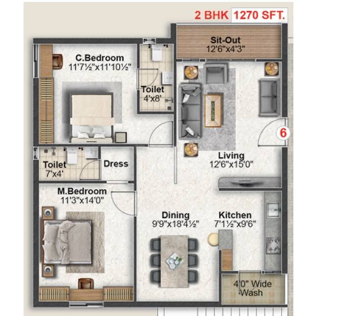 Floor plan of 2 BHK 1270 Sq. Ft. Apartment in Haimi Nirvana, Hyderabad