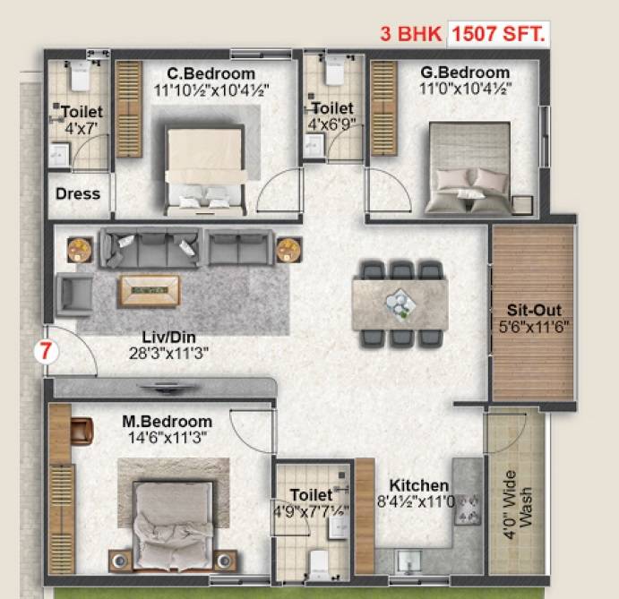 Floor plan of 3 BHK 1507 Sq. Ft. Apartment in Haimi Nirvana, Hyderabad