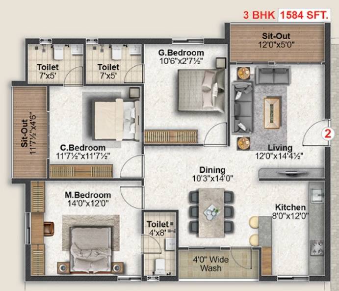 Floor plan of 3 BHK 1584 Sq. Ft. Apartment in Haimi Nirvana, Hyderabad