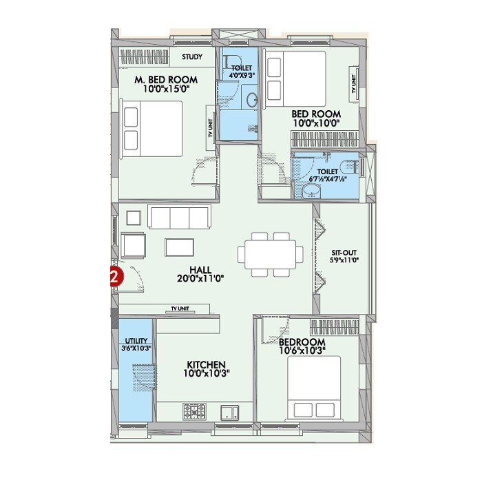 Floor plan of 2 BHK 1228 Sq. Ft. Apartment in Hallmark Amigo, Hyderabad