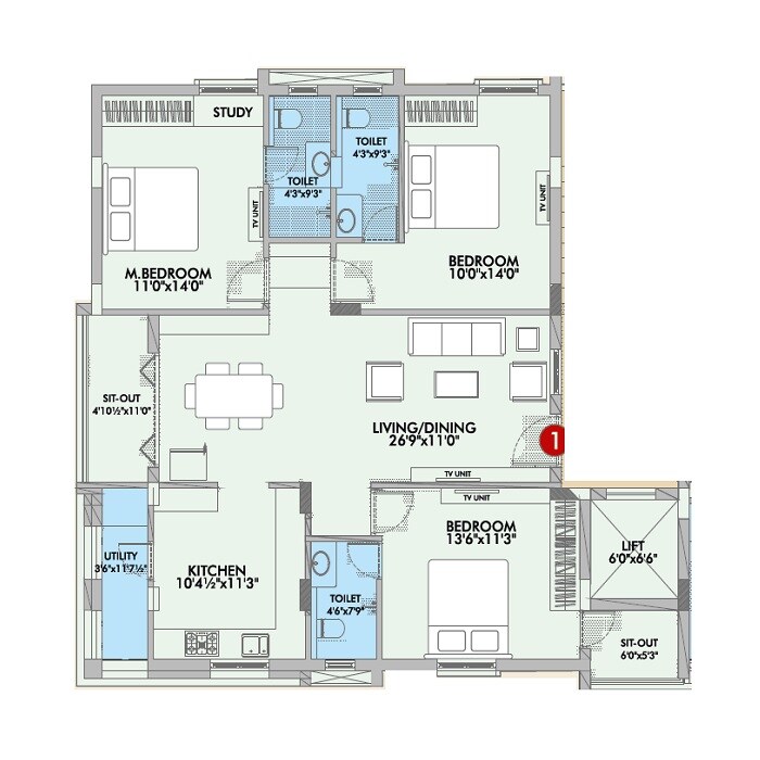 Floor plan of 3 BHK 1562 Sq. Ft. Apartment in Hallmark Amigo, Hyderabad