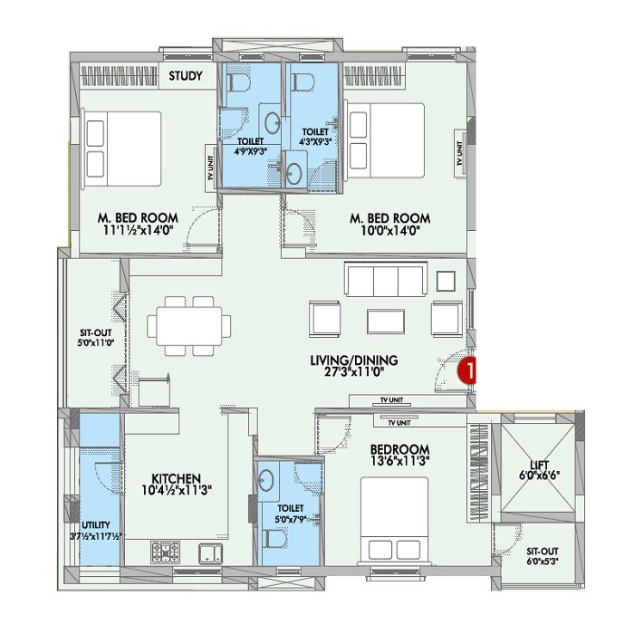 Floor plan of 3 BHK 1591 Sq. Ft. Apartment in Hallmark Amigo, Hyderabad