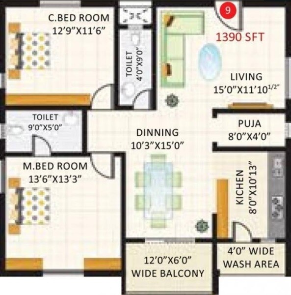 2 BHK 1390 Sq. Ft. Apartment