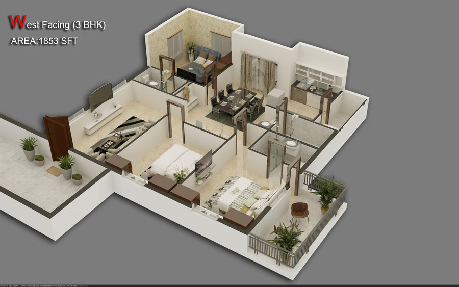 Floor plan of 3 BHK 1853 Sq. Ft. Apartment in Hallmark Sunnyside, Hyderabad