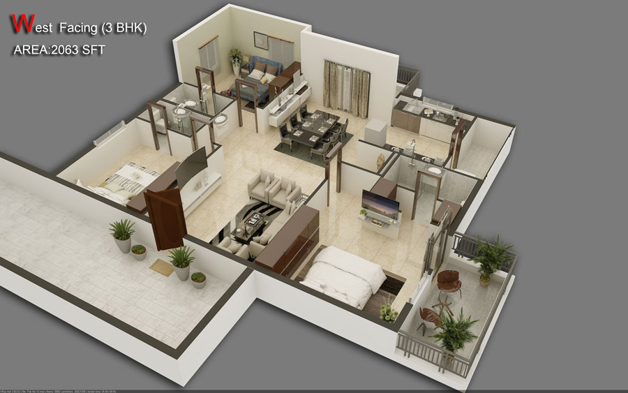 Floor plan of 3 BHK 2063 Sq. Ft. Apartment in Hallmark Sunnyside, Hyderabad