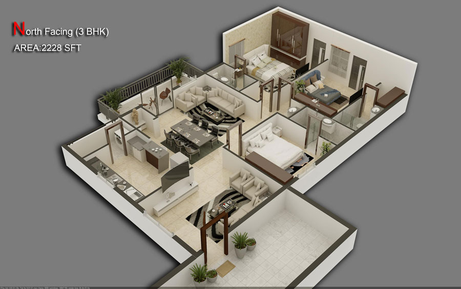 Floor plan of 3 BHK 2228 Sq. Ft. Apartment in Hallmark Sunnyside, Hyderabad
