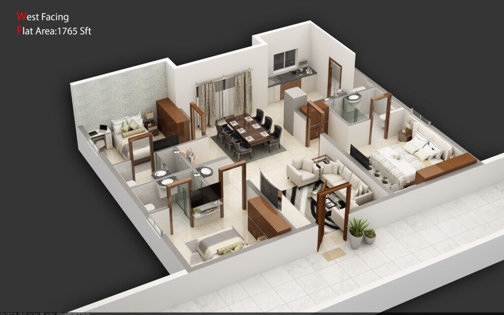 Floor plan of 3 BHK 1765 Sq. Ft. Apartment in Hallmark Treasor, Hyderabad