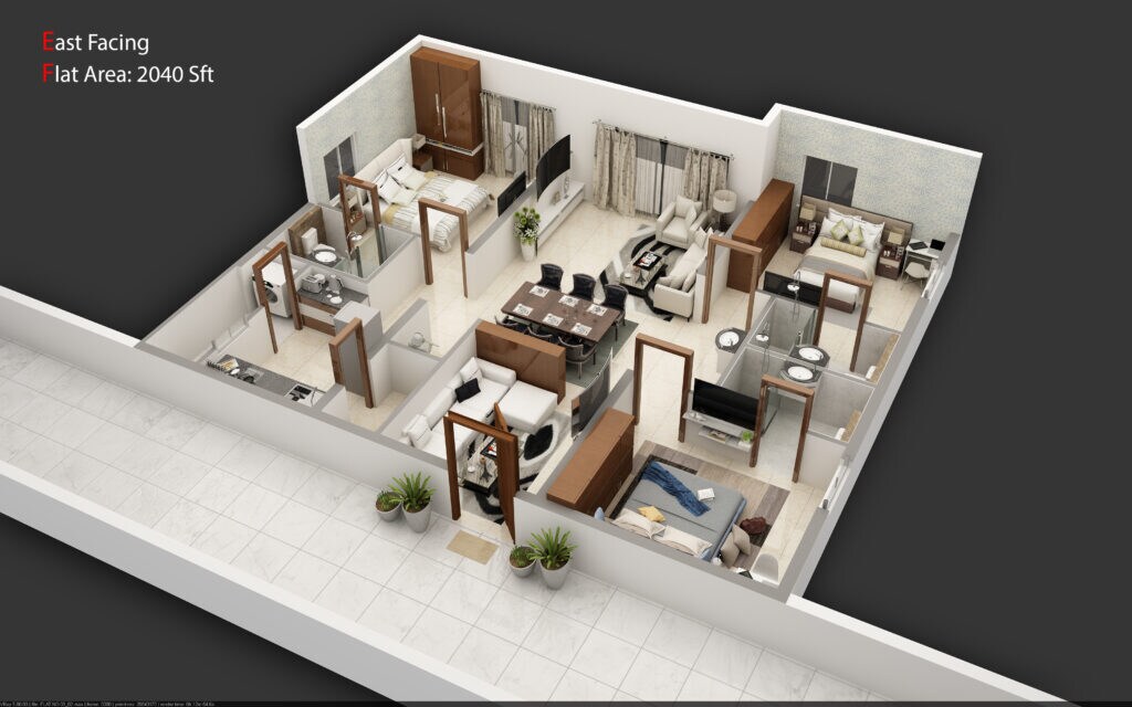 Floor plan of 3 BHK 2040 Sq. Ft. Apartment in Hallmark Treasor, Hyderabad