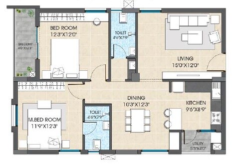 Floor plan of 2 BHK 1266 Sq. Ft. Apartment in Hallmark Vesta, Hyderabad