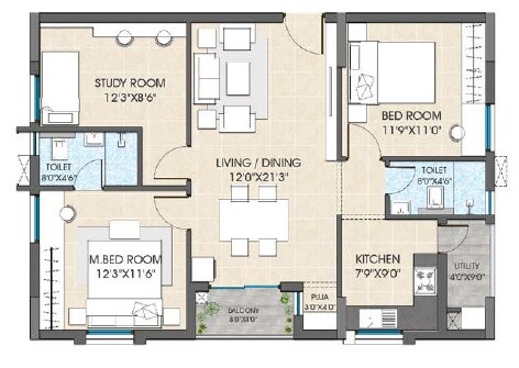 Floor plan of 2 BHK 1306 Sq. Ft. Apartment in Hallmark Vesta, Hyderabad
